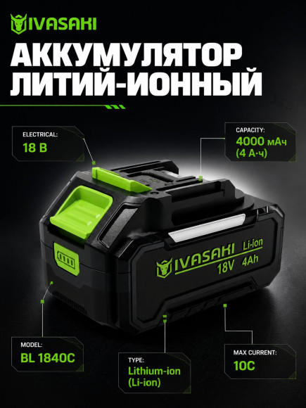 Набор IVASAKI PRO 6/1 инструменты ,2 АКБ 4Ah,1 ЗУ